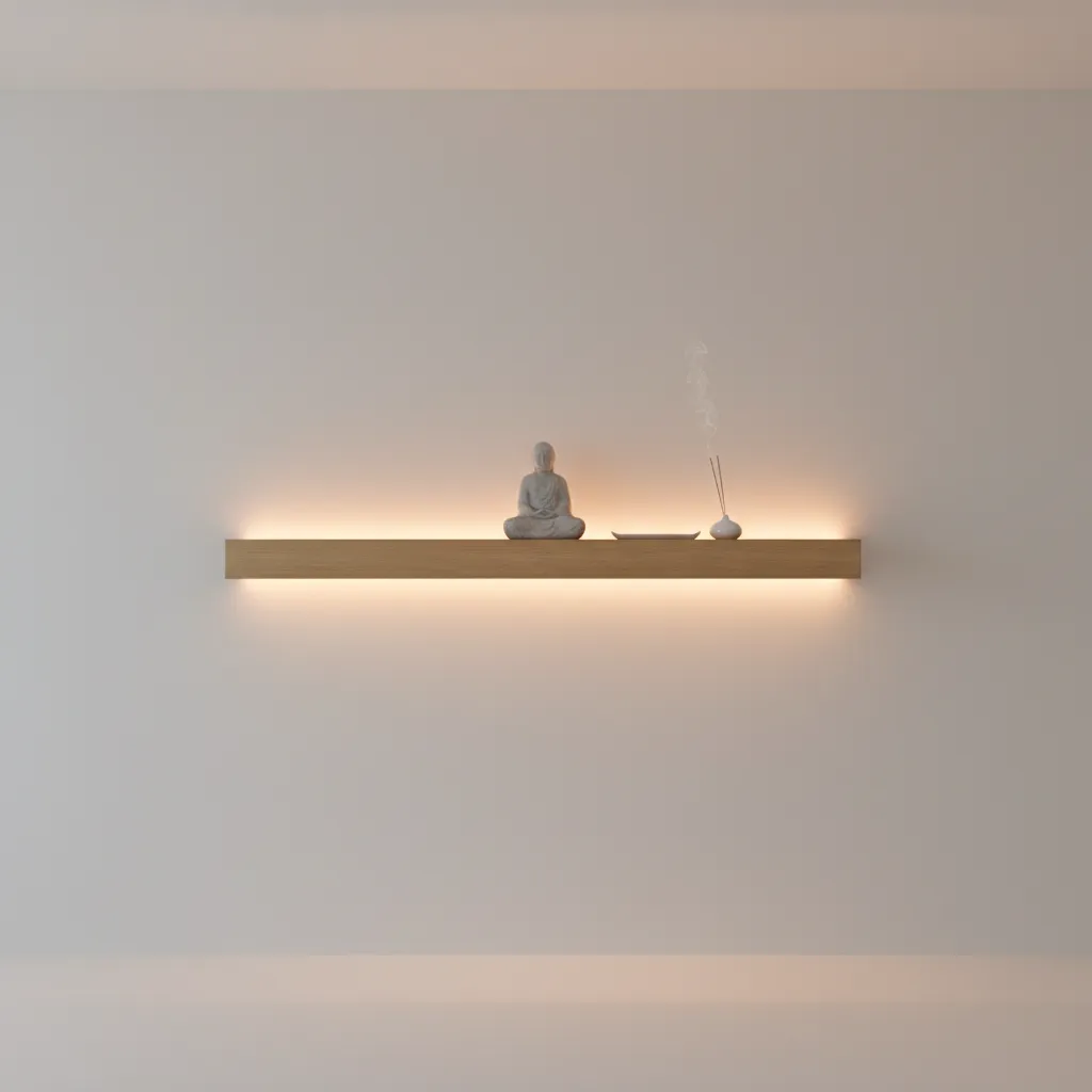minimalist wall altar with warm LED lighting and wooden shelf