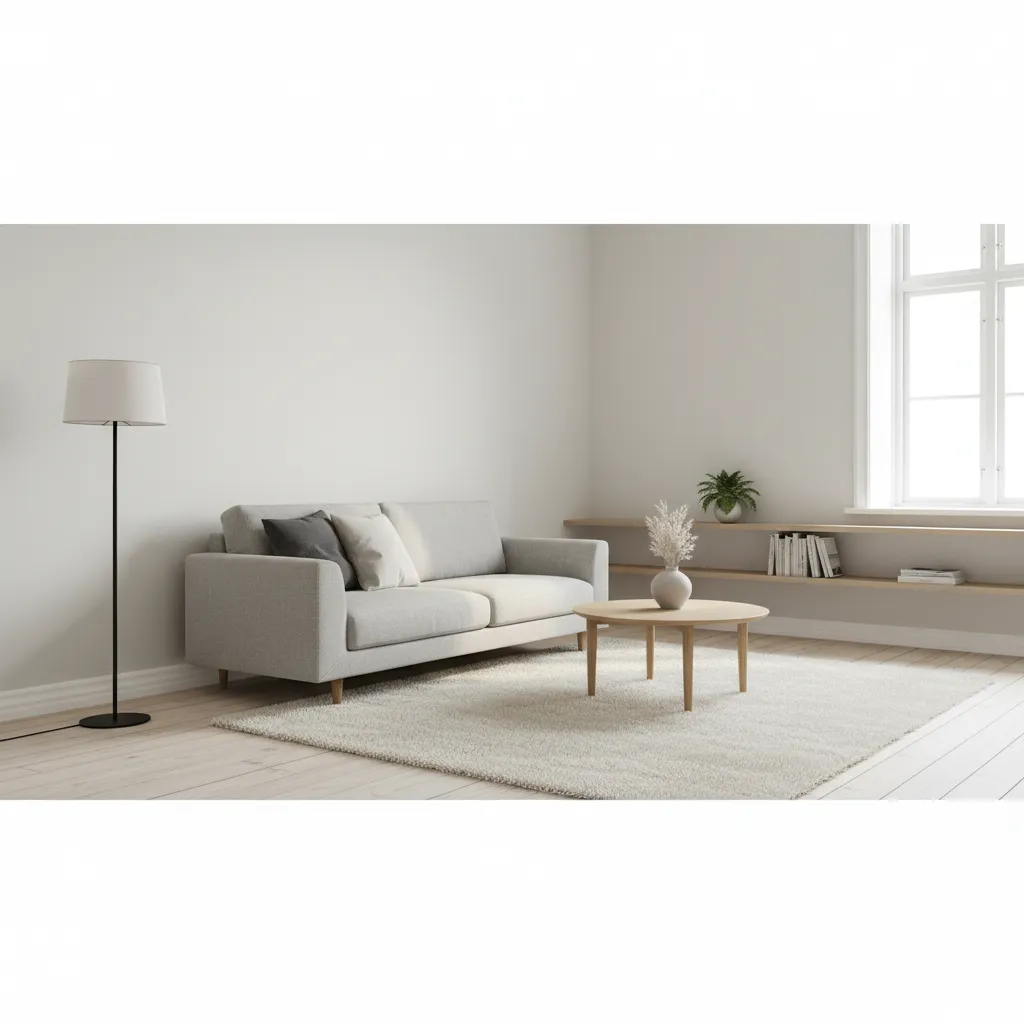 Salón minimalista con zócalos de plástico blancos y paredes claras