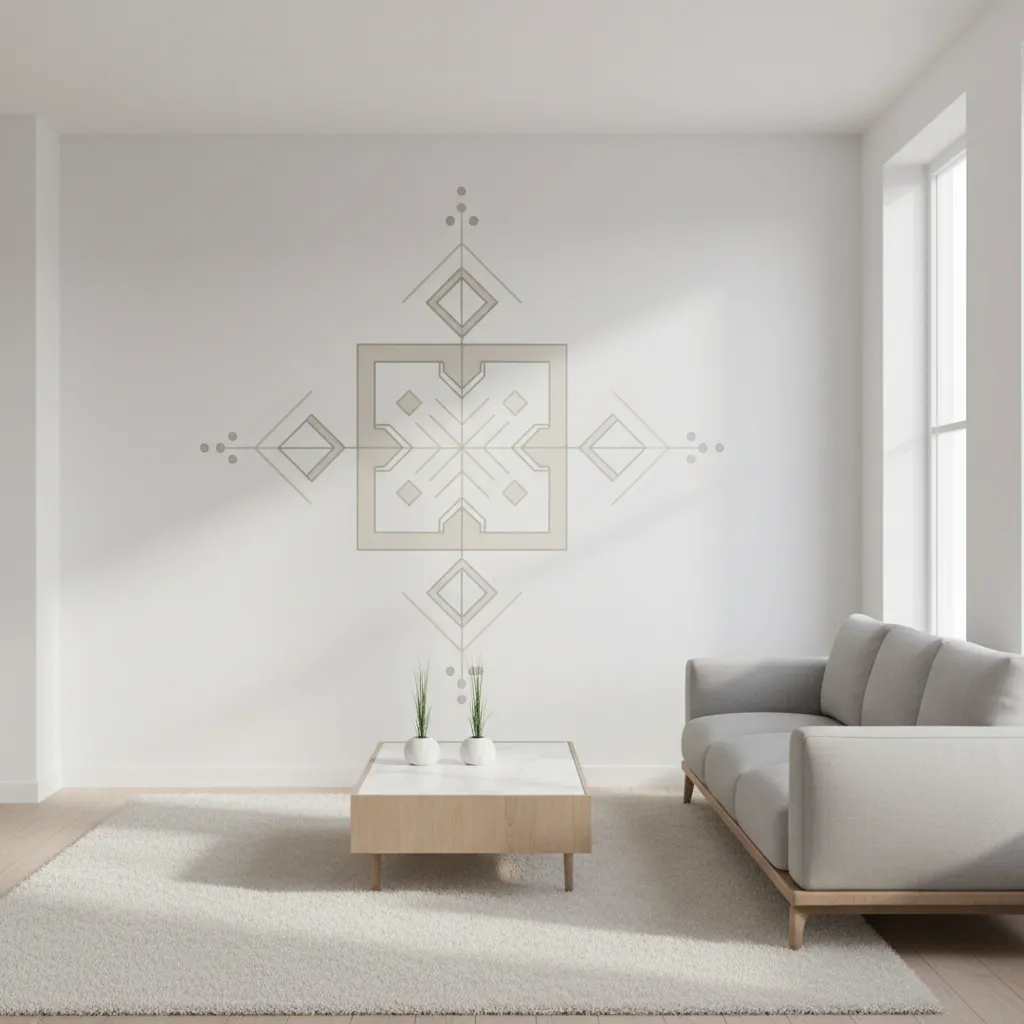 minimalist living room with simplified geometric wall rangoli decor