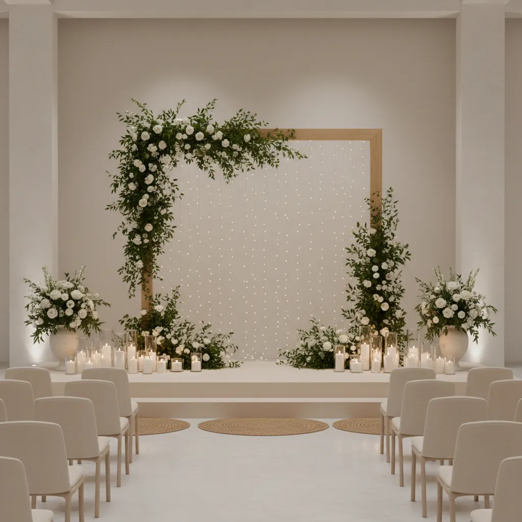 Minimalist wedding stage with greenery and candle lighting