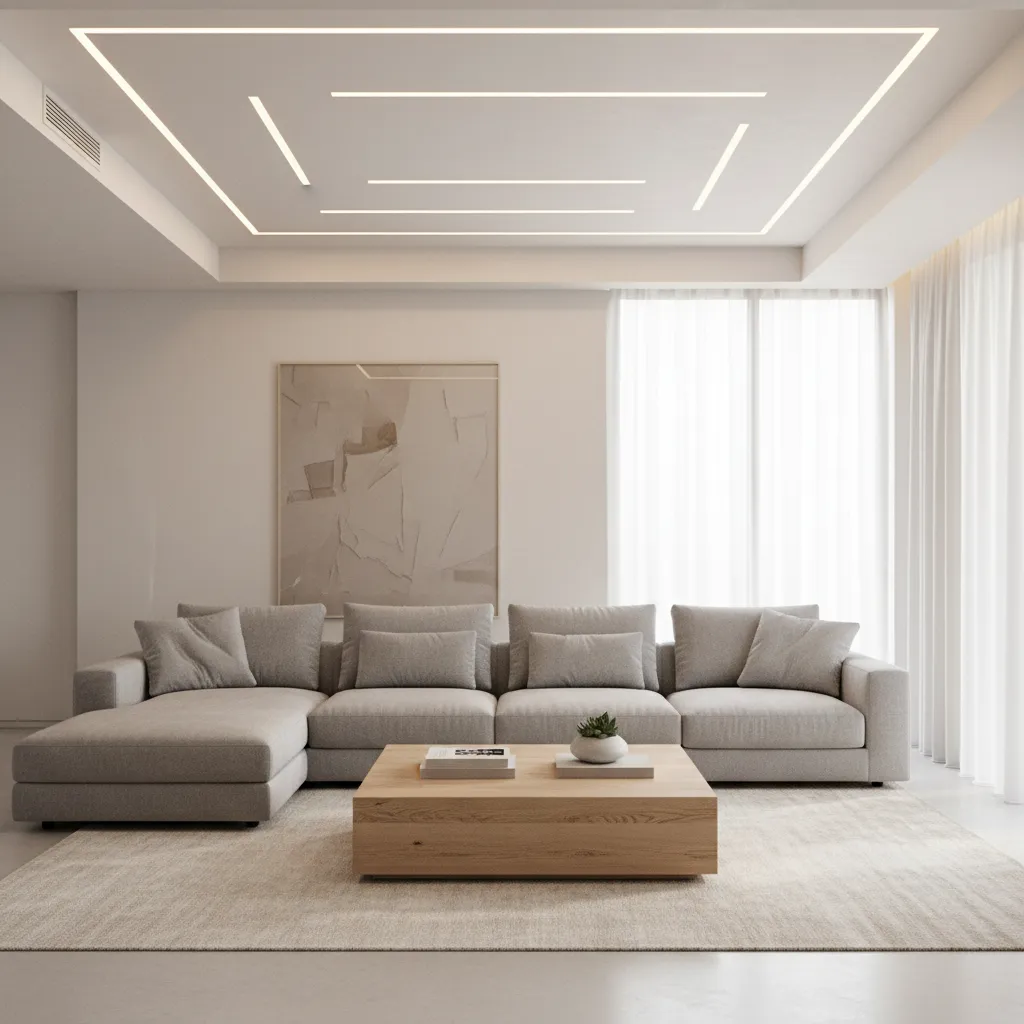 modern apartment living room with minimalist white POP ceiling and recessed lighting