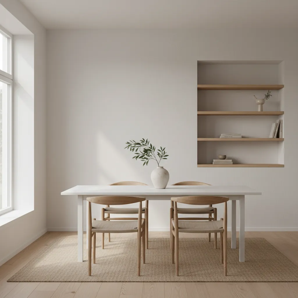 minimalist centerpiece on white dining table with ceramic vase and greenery