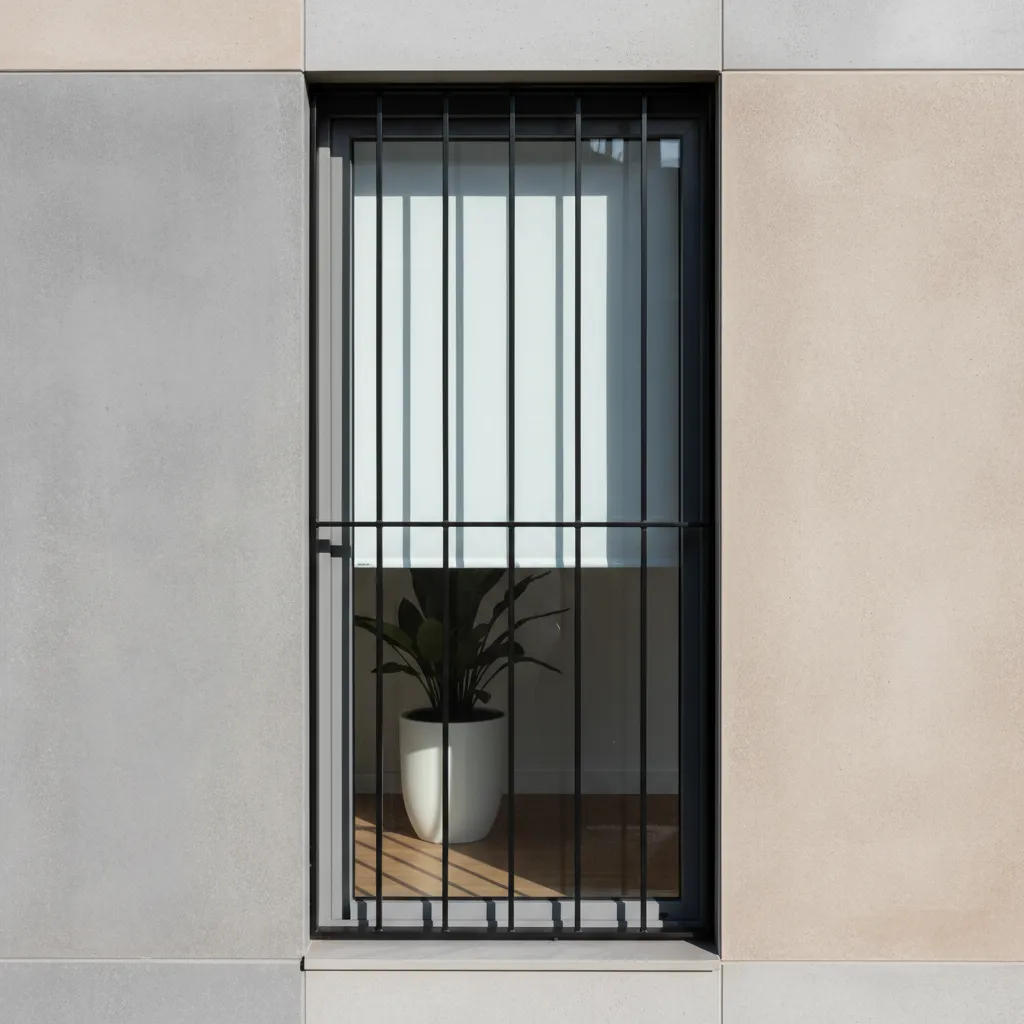 rejas minimalistas verticales en ventana de casa moderna
