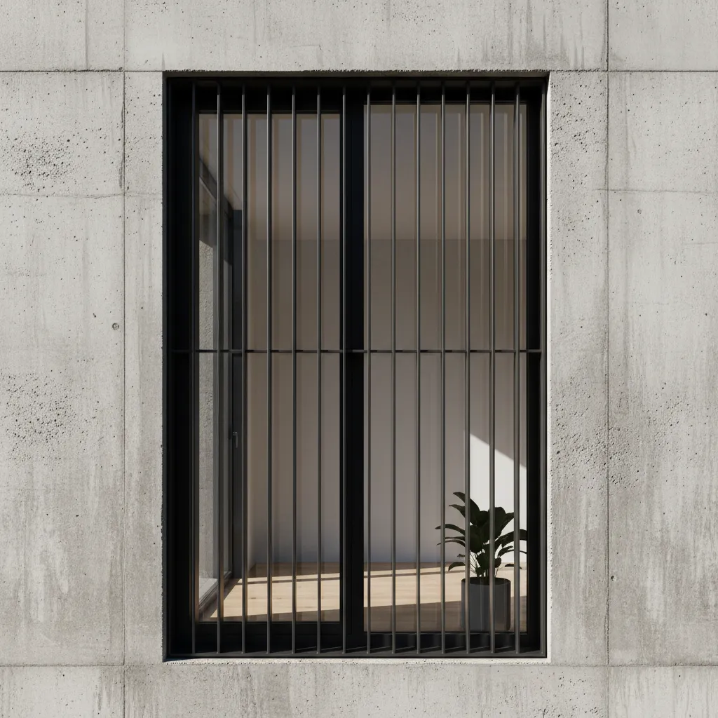 Ventana con reja vertical moderna de acero negro