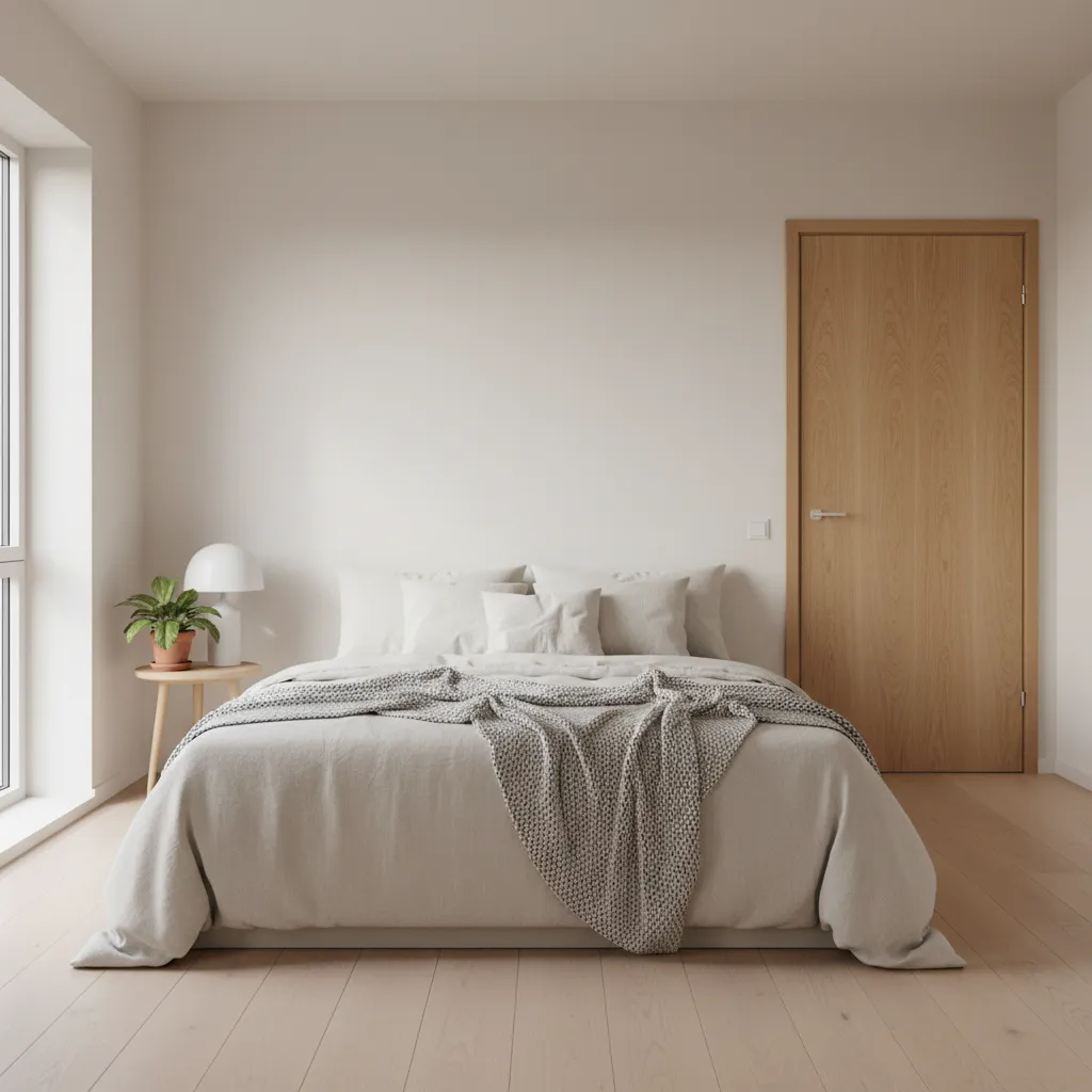 Puerta de madera lisa estilo moderno en recámara minimalista