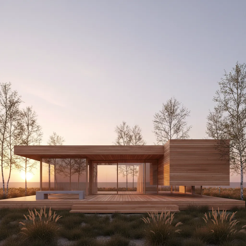 Exterior de casa minimalista de madera con arquitectura moderna