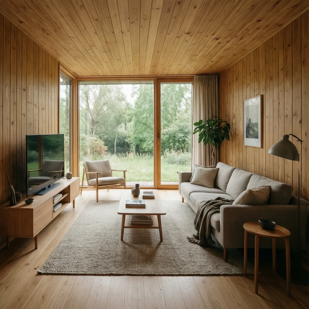 Interior minimalista de casa de madera con grandes ventanas y luz natural