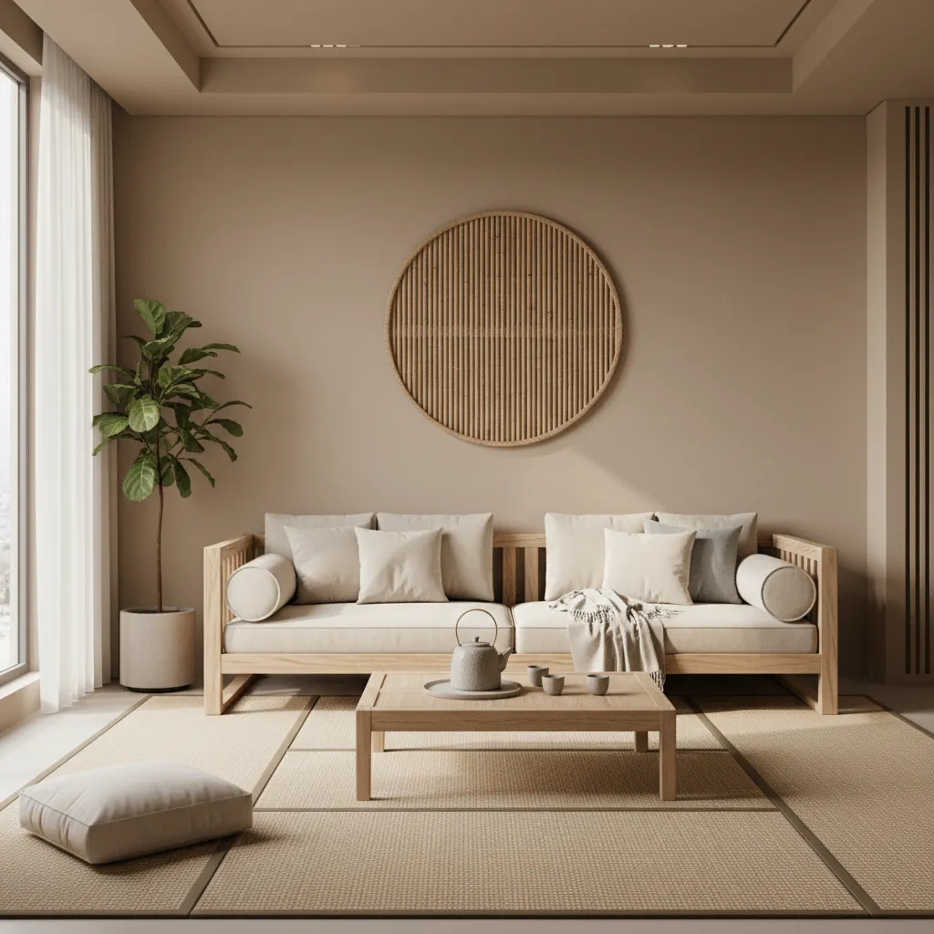 Sala de estar minimalista con sofá bajo, mesa de madera y decoración zen sencilla