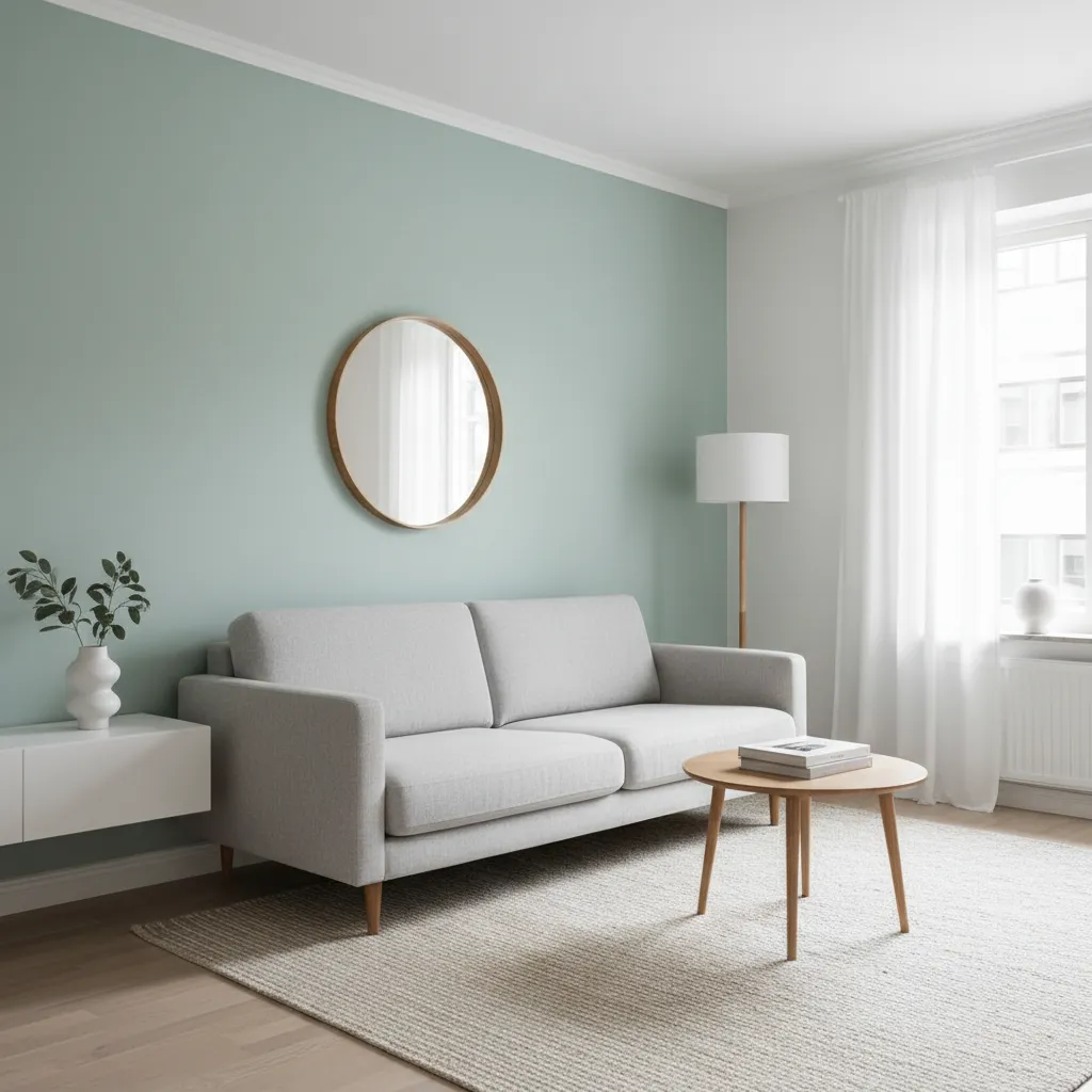 living room with soft mint green accent wall and grey seating