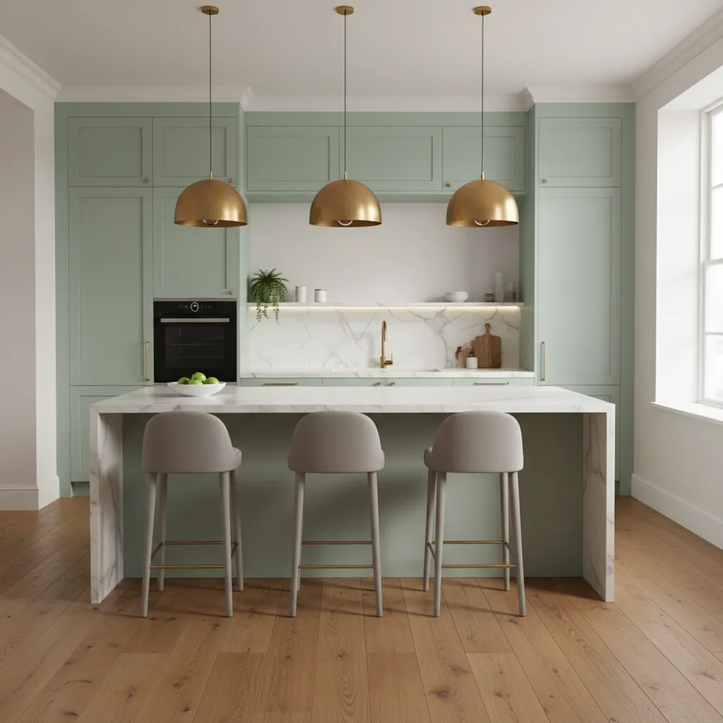 Kitchen layout showing mint green cabinets with island and marble countertops