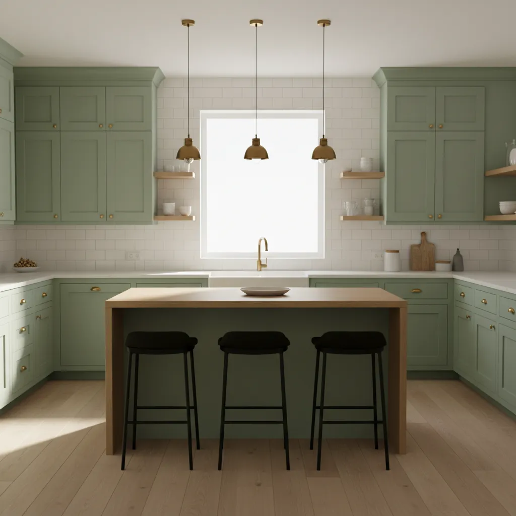 sunlit kitchen with mint green cabinets and white backsplash