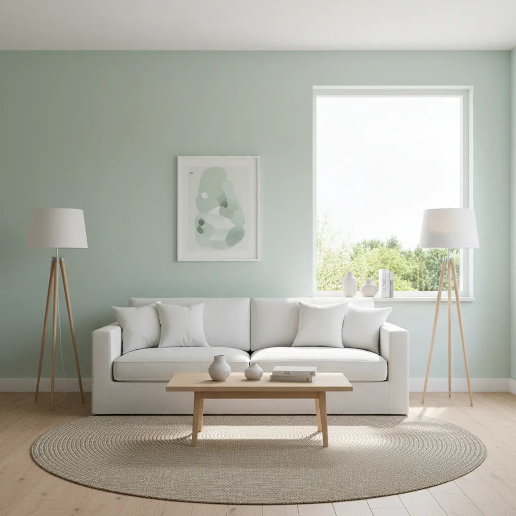 mint green living room with white furniture and bright daylight