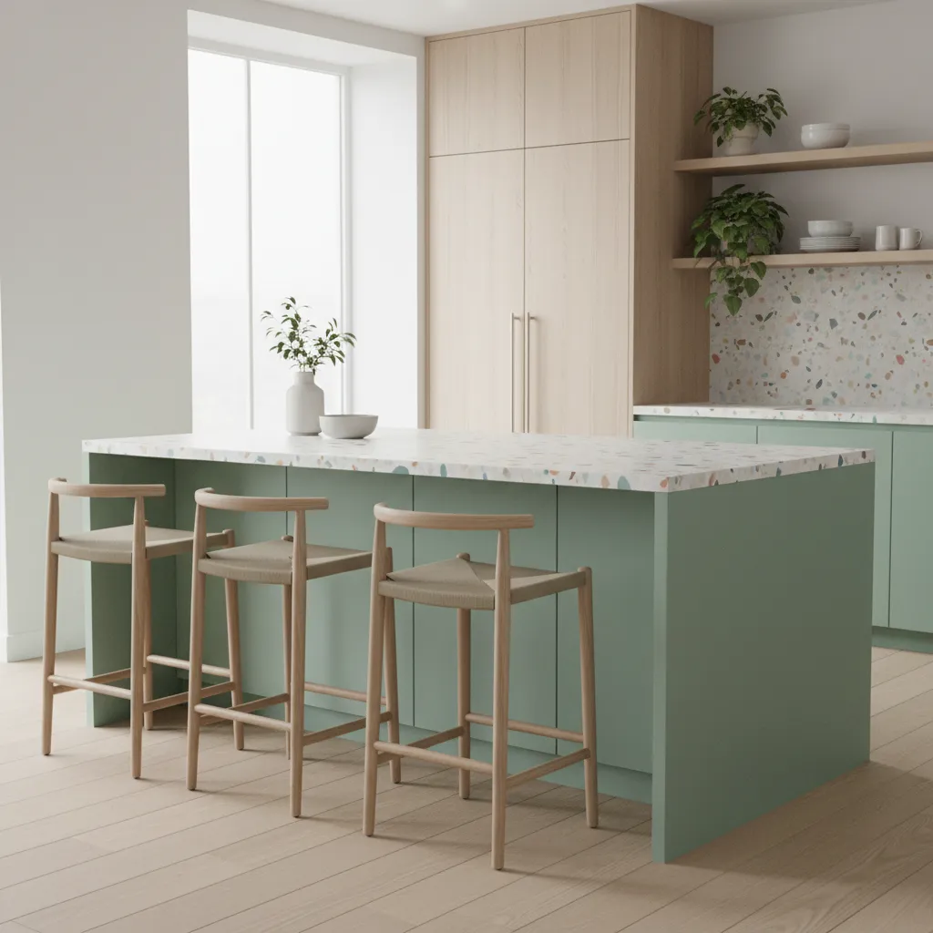 Mint green cabinets with terrazzo countertop in modern kitchen