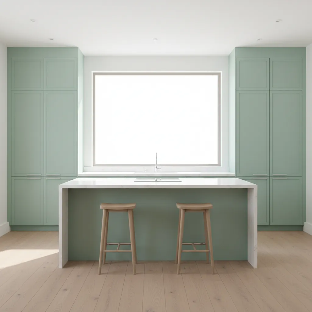 Bright modern kitchen with mint green cabinets and white quartz countertops