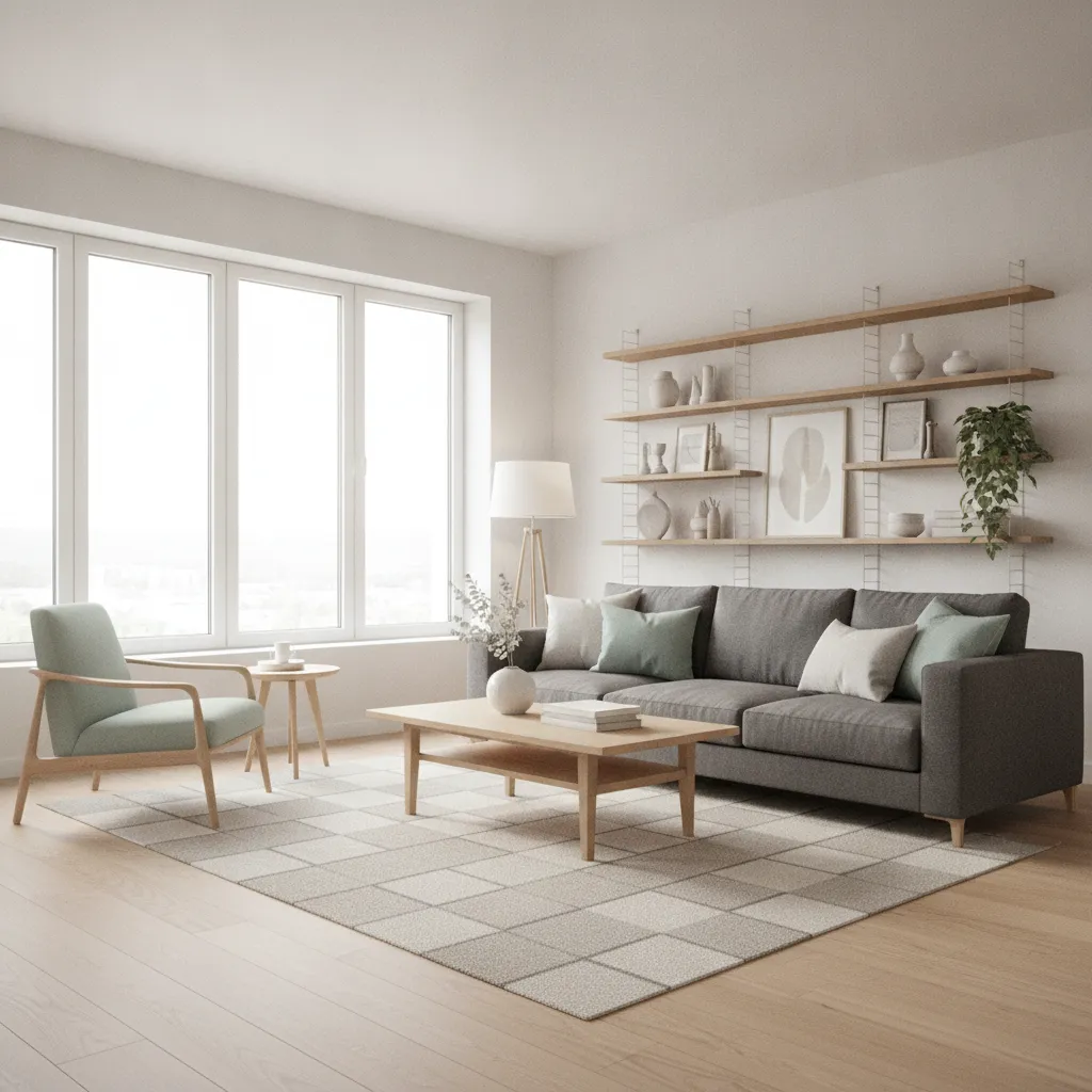 bright mint green and grey living room with neutral decor and natural lighting