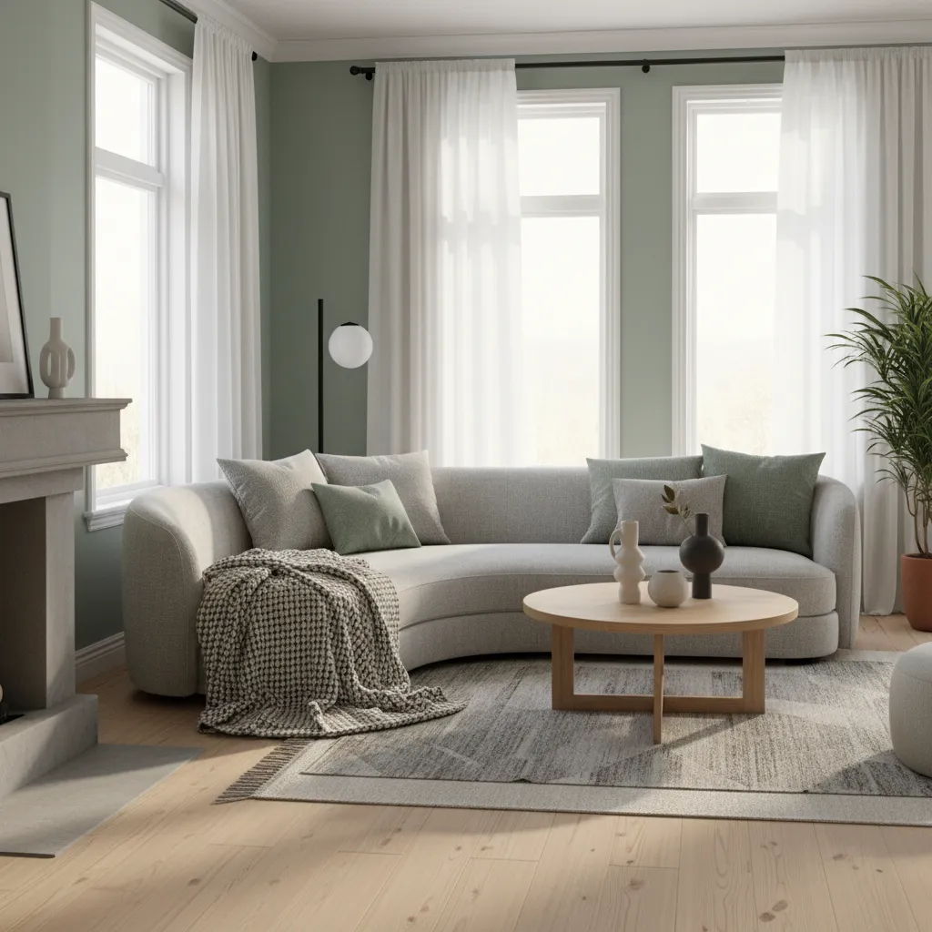 mint green and grey living room with layered textures and wood furniture