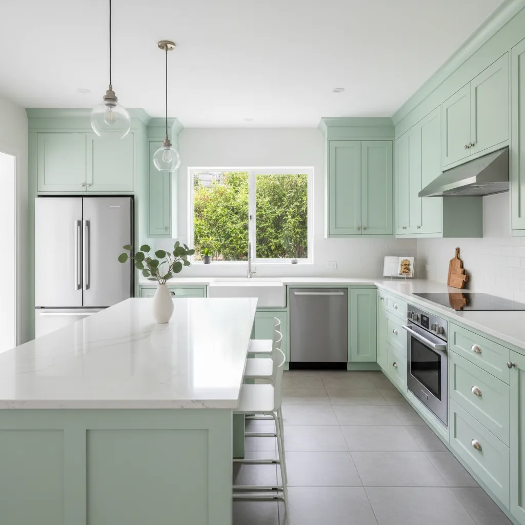 Stylish mint green kitchen photographed like a real estate listing