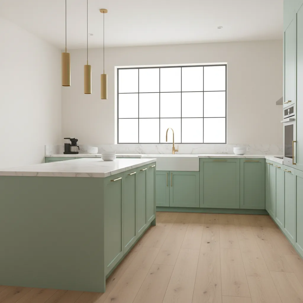 mint cabinets paired with marble counters and brass fixtures
