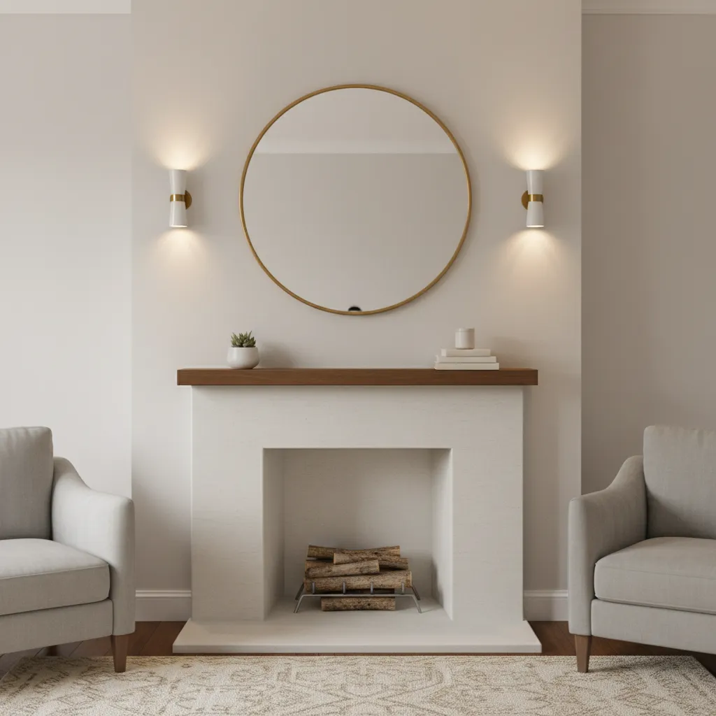mirror above fireplace reflecting light in a small living room