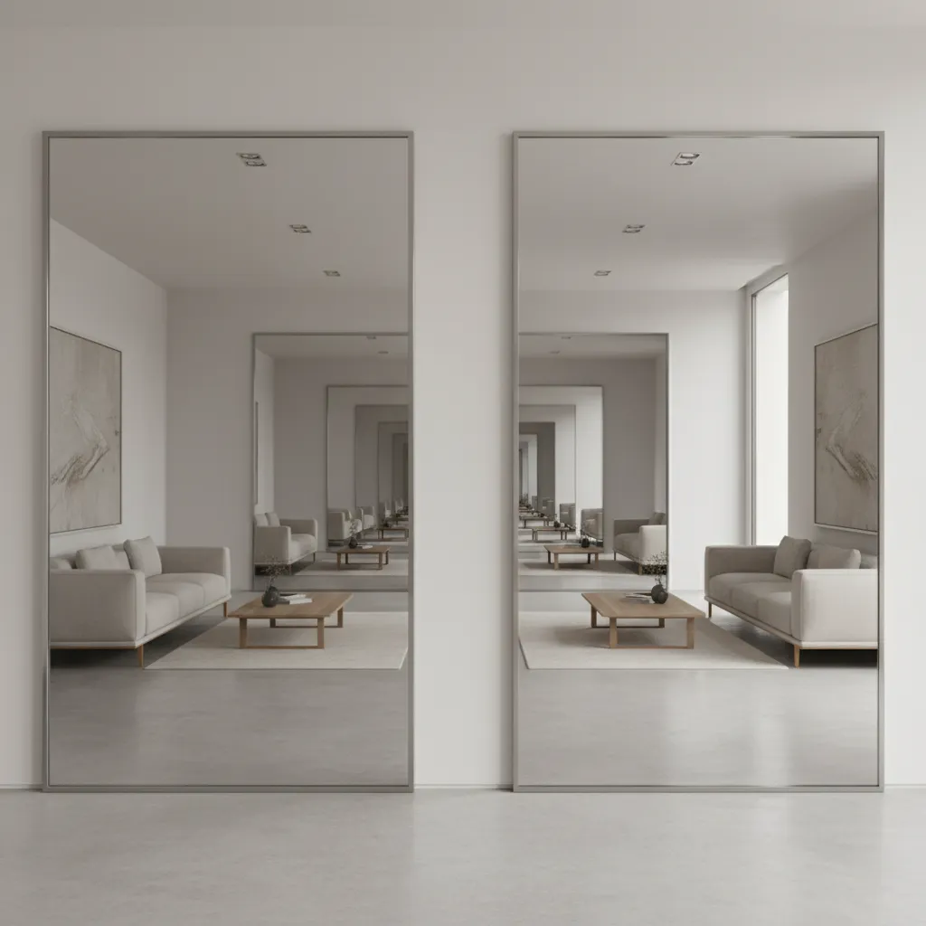 Two mirrors aligned parallel in a room demonstrating reflection path