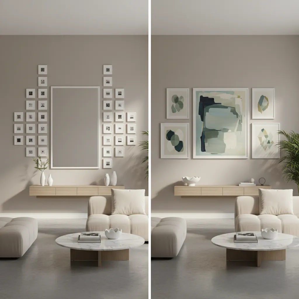 comparison showing small artwork vs properly scaled artwork around mirror