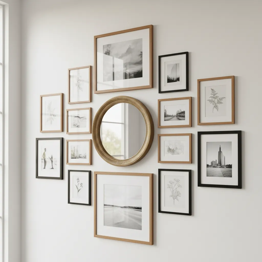 close view of mirror surrounded by mixed frame sizes and artwork