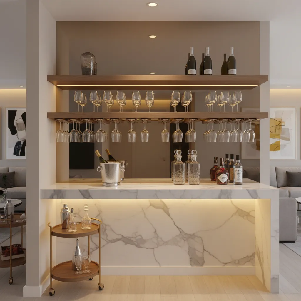 Pequeño bar con espejo trasero y estantes de copas