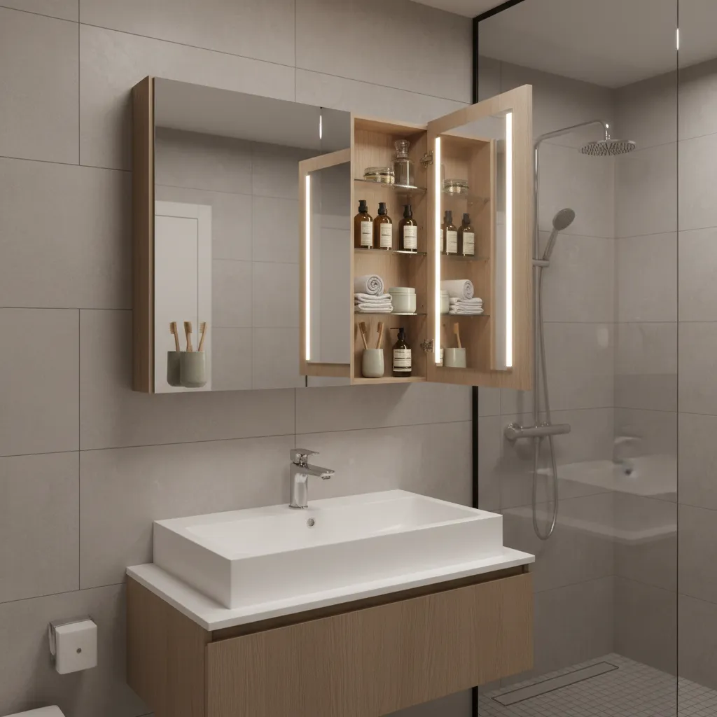 bathroom mirror cabinet with hidden storage for toiletries
