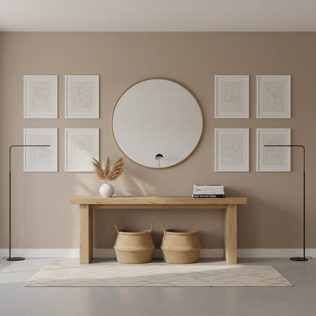 Symmetrical mirror-centered gallery wall above a console table