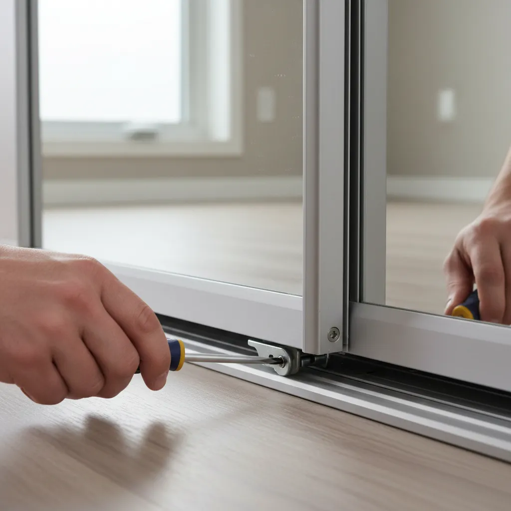 Close view of sliding mirror closet door track and roller adjustment