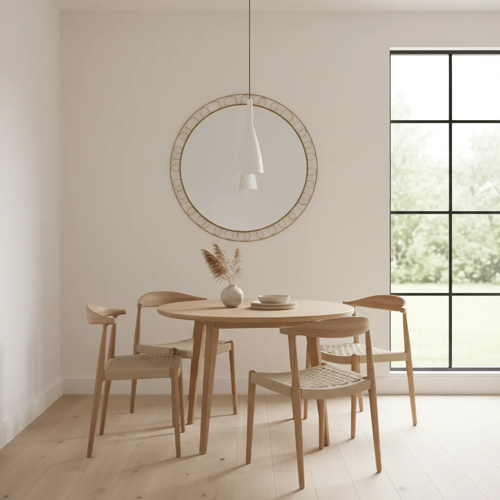 Dining room with large decorative mirror reflecting light above dining table