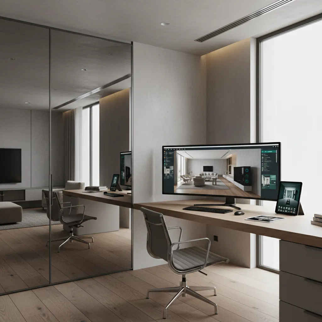 Visualización digital de diseño interior con puerta espejo