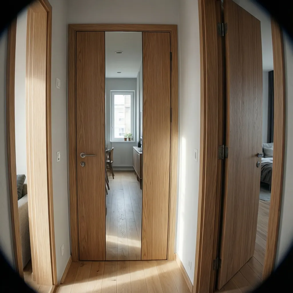 Puerta con panel espejo reflejando un pasillo luminoso