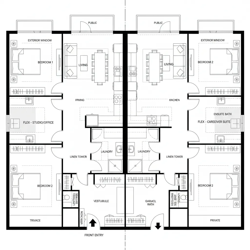 Orthographic CAD plan of mirrored duplex with asymmetric flex rooms