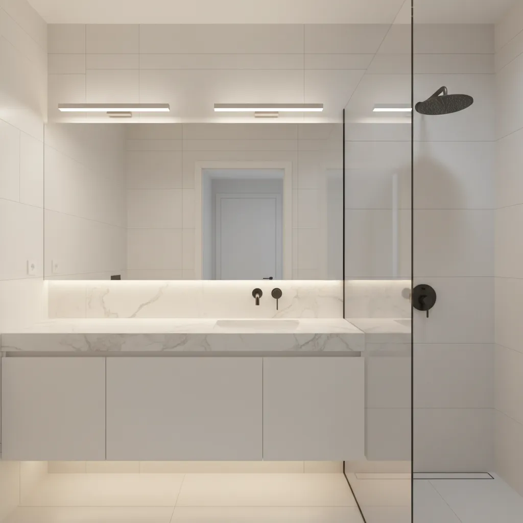 Small bathroom with wall to wall mirror above vanity creating depth