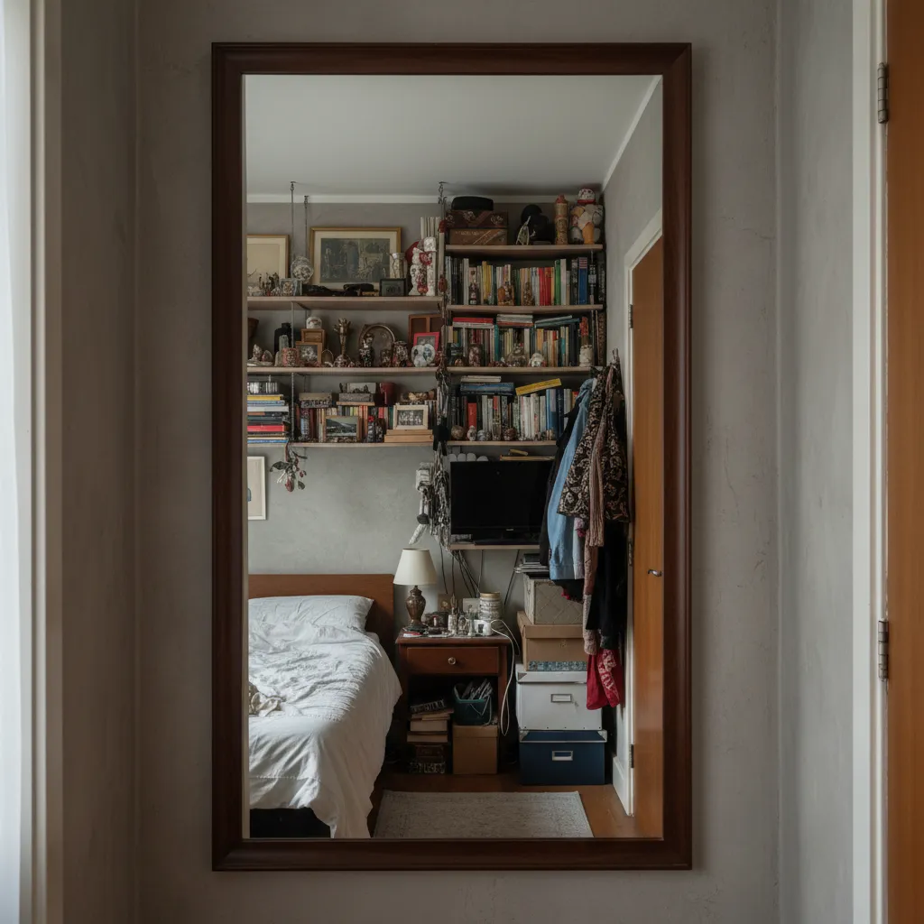 Small room mirror reflecting cluttered shelves demonstrating poor mirror placement