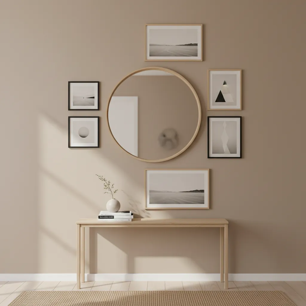 mirror acting as visual anchor with surrounding framed art