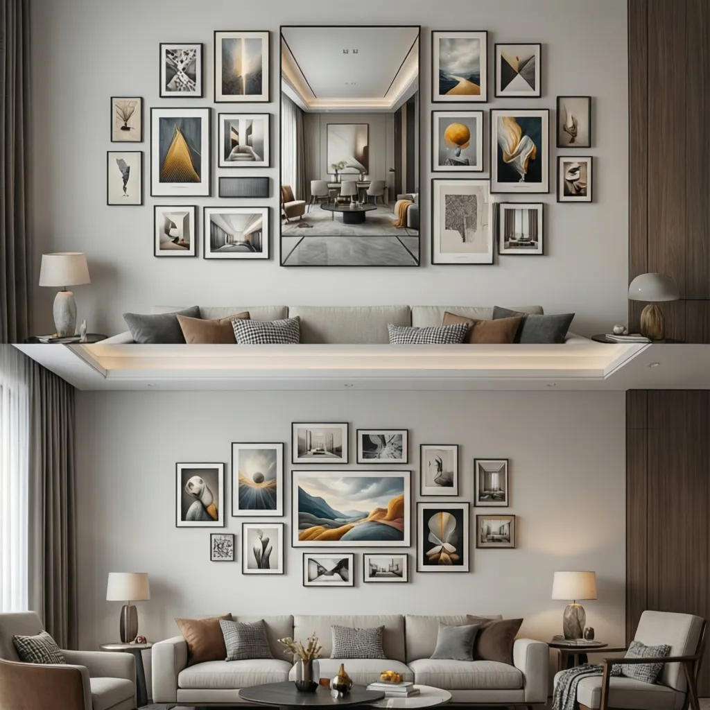 Visual balance comparison between symmetrical and asymmetrical mirror gallery walls