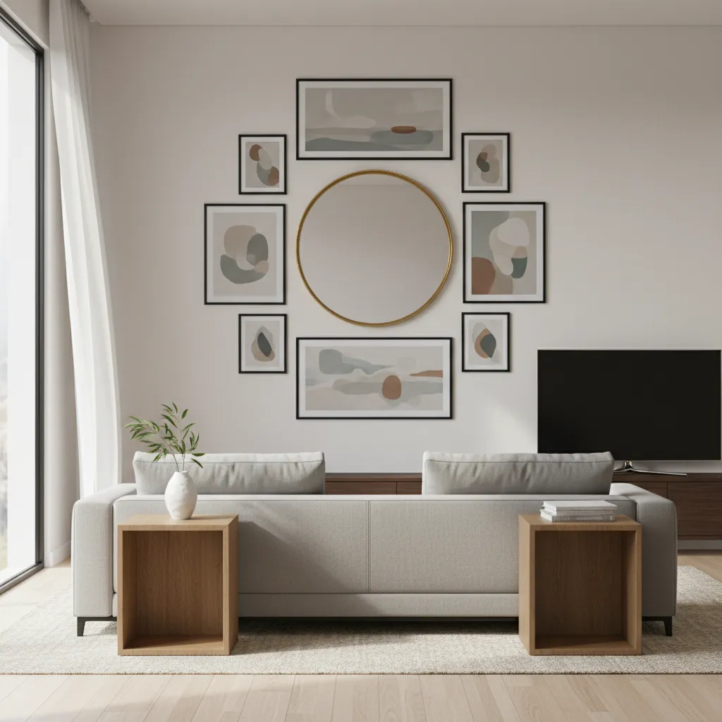 living room mirror gallery wall with balanced artwork layout