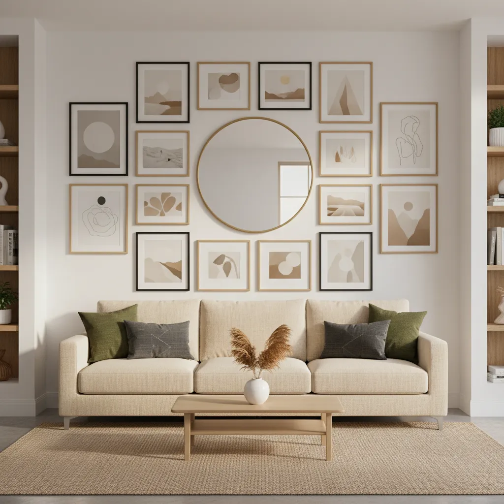 living room gallery wall with mirror focal point and framed artwork arrangement