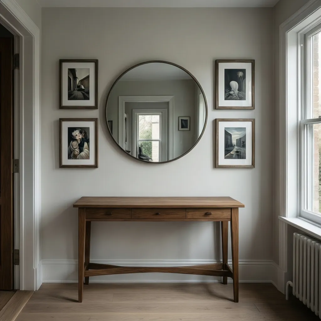 mirror gallery wall showing proportional artwork sizes around a central mirror