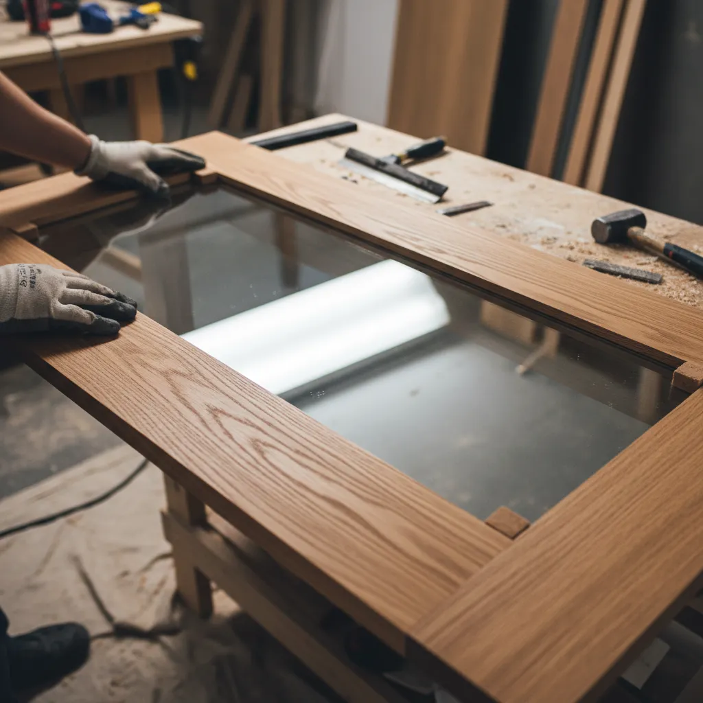 Instalación de cristal espejo en una puerta interior de madera