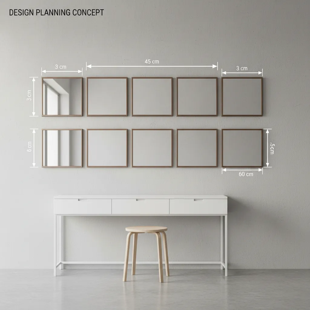Diagram showing measurement spacing between square mirrors on a wall grid