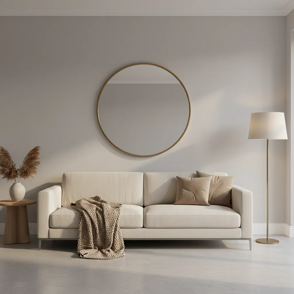 mirror mounted at correct height above sofa in living room