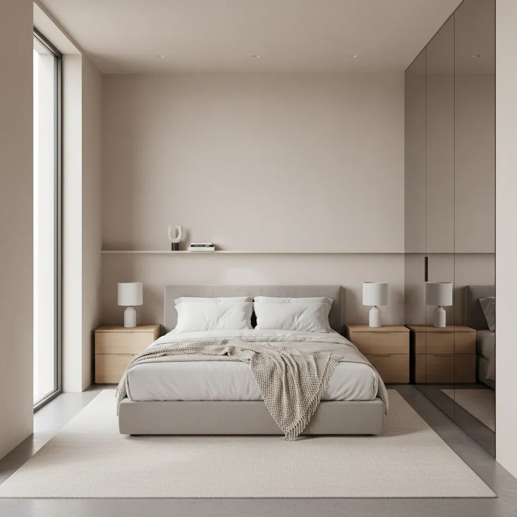 full height mirror used as hidden bathroom door in small bedroom