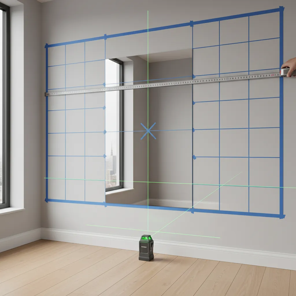 Tools used for measuring mirror placement including tape, level, and wall markings