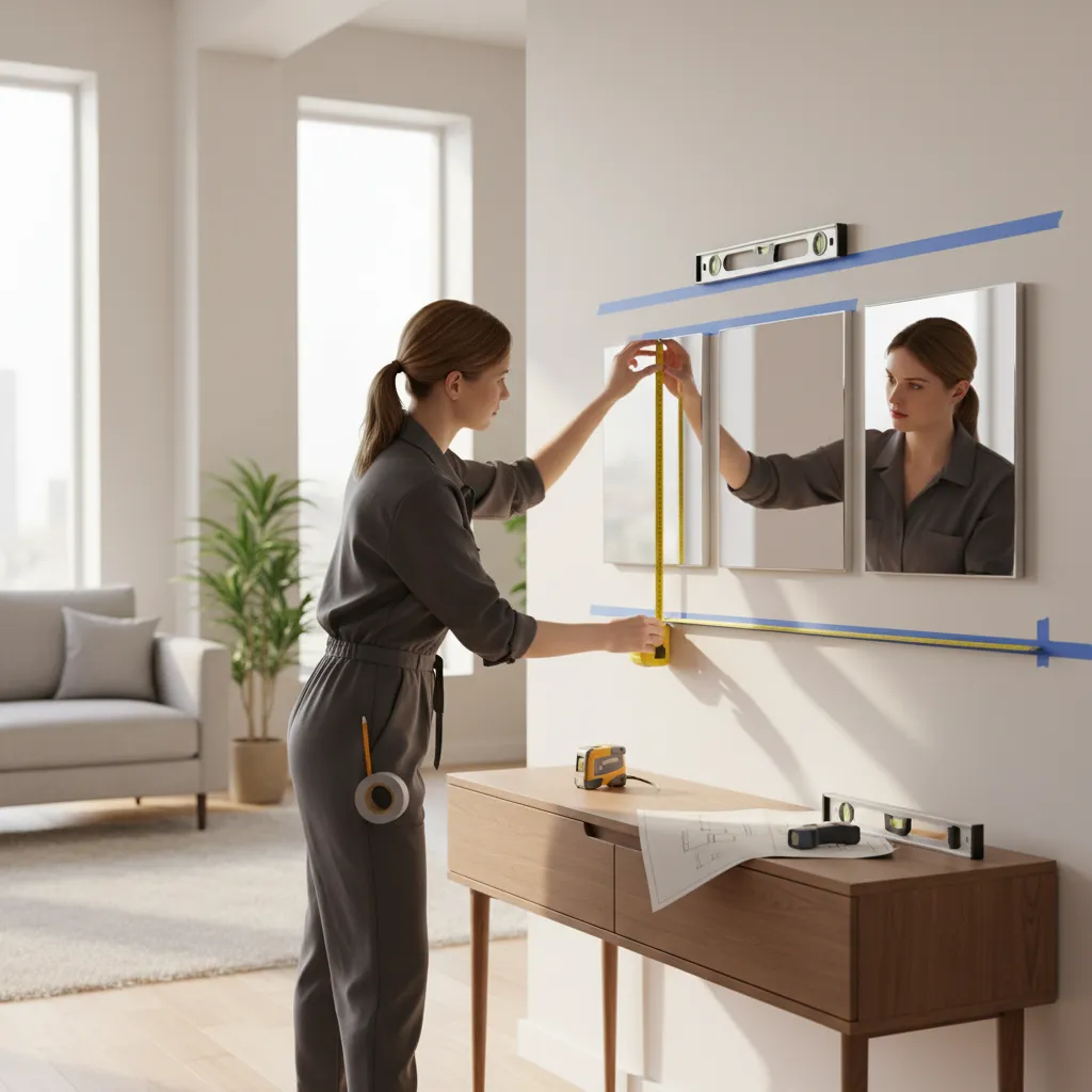 Designer planning mirror layout using tape guides and measuring tools