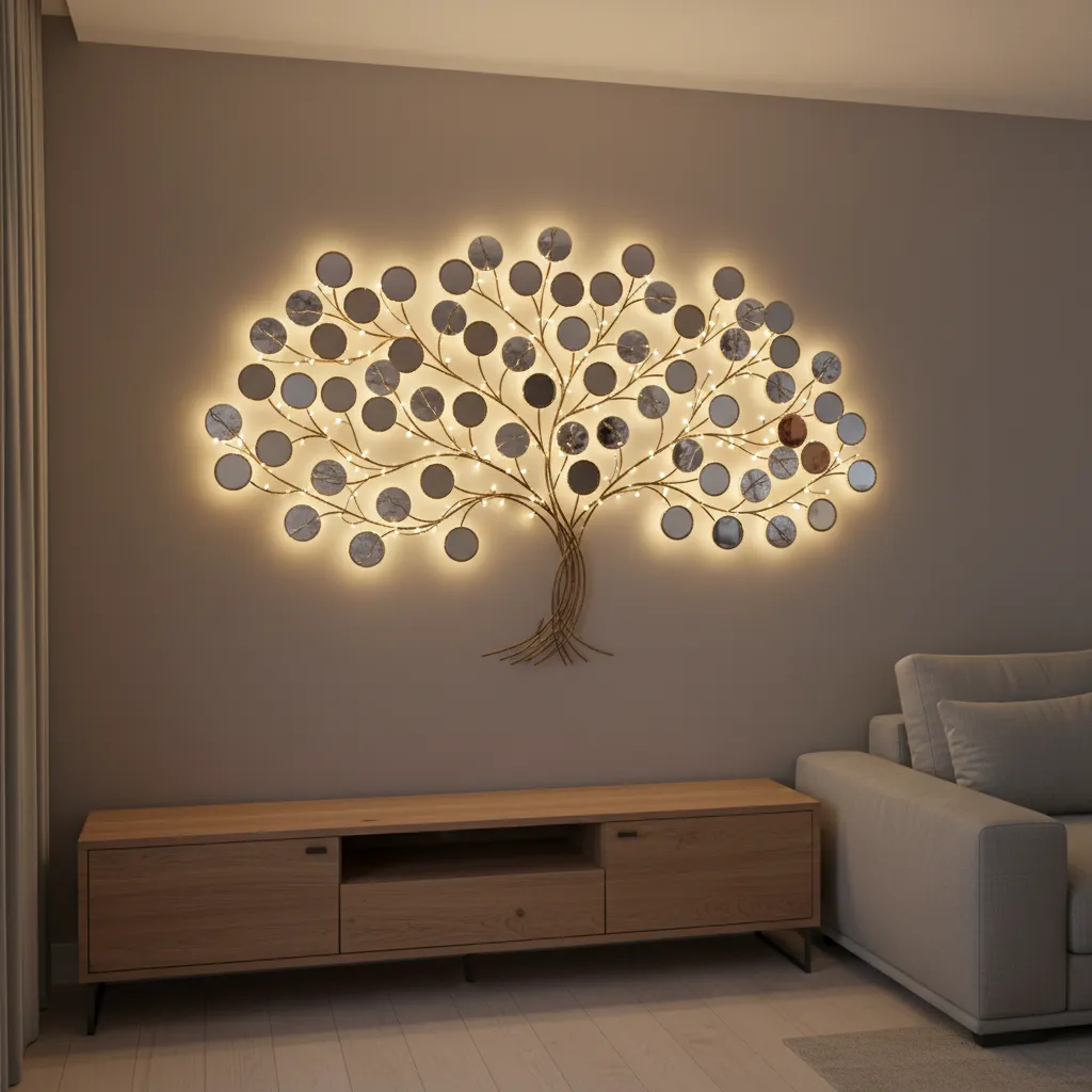 Wall tree decor with mirror leaves and LED lighting in small apartment