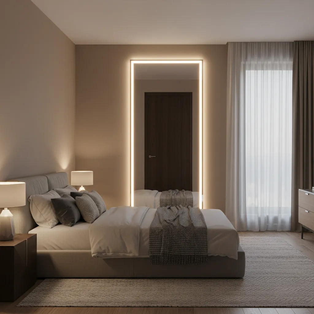 Full length mirror decorated with LED light strips around the border