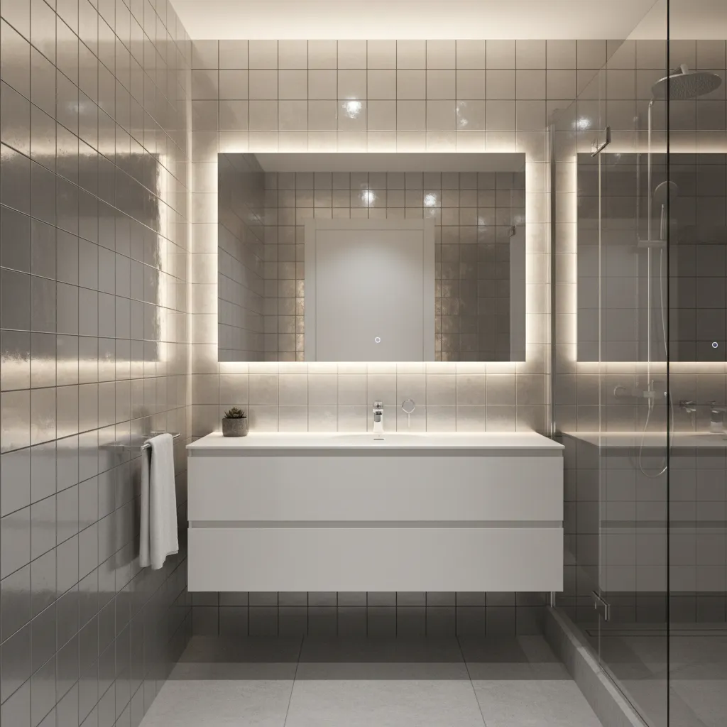 bathroom mirror reflecting light across metallic silver tiles